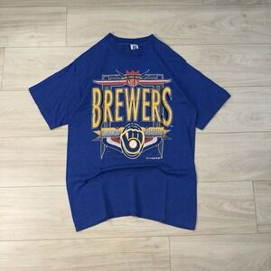 Vintage 90s Milwaukee Brewers MLB Shirt Size Large Blue Stripe Made in USA Logo